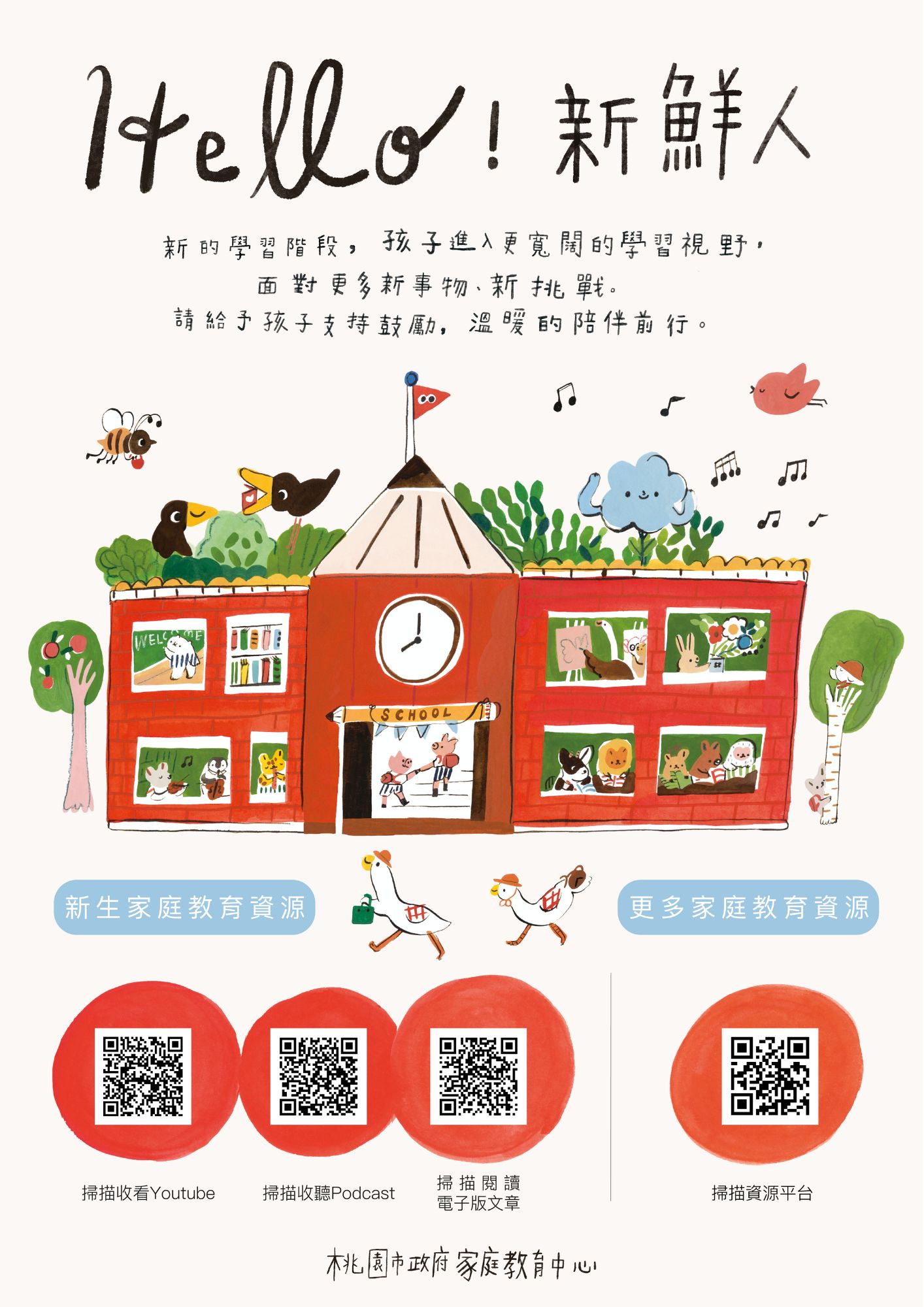 家庭教育中心提供「小桃家6月課程資訊」、「Hello!新鮮人入學系列講座」、「Hello!新鮮人」海報各1份。